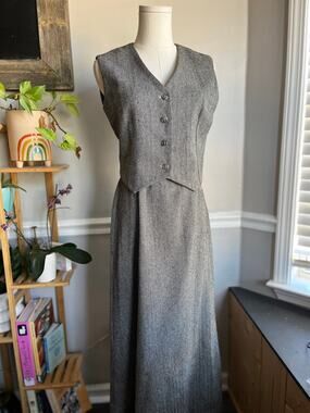 Vintage 90s Skirt Set Herringbone Maxi Skirt Vest Wool Blend Size XS